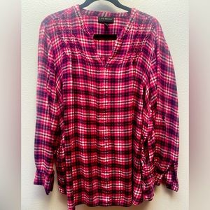 Lane Bryant Red Plaid Pullover Flannel Blouse w/ Side Pockets - 26/28